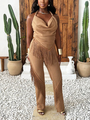 Fringe Halter Top Pants Set