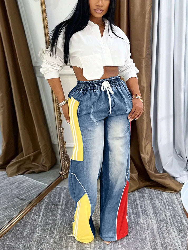 Colorblock Drawstring Jeans