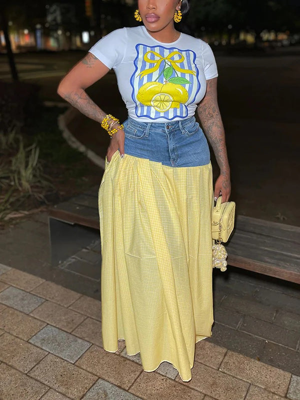 Lemon Printed Top Denim Gingham Skirt Set