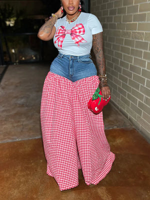 Bow Printed Top Denim Gingham Pants Set
