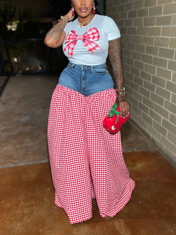 Bow Printed Top Denim Gingham Pants Set