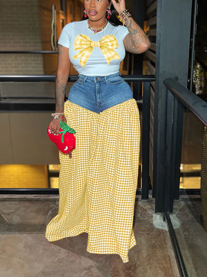 Bow Printed Top Denim Gingham Pants Set
