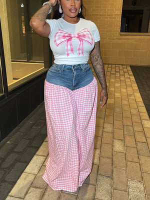 Bow Printed Top Denim Gingham Pants Set