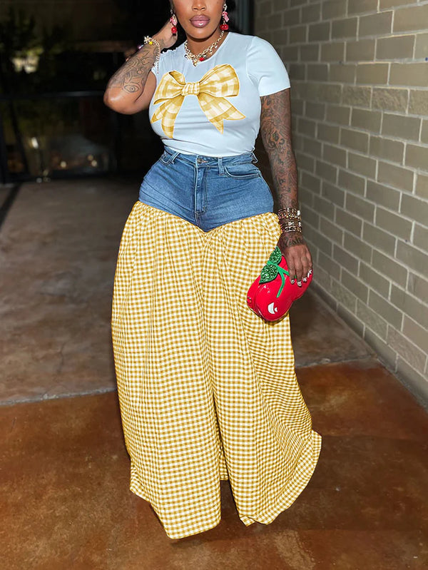 Bow Printed Top Denim Gingham Pants Set