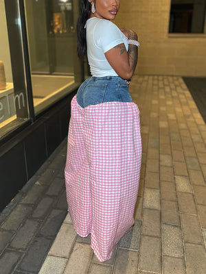 Bow Printed Top Denim Gingham Pants Set