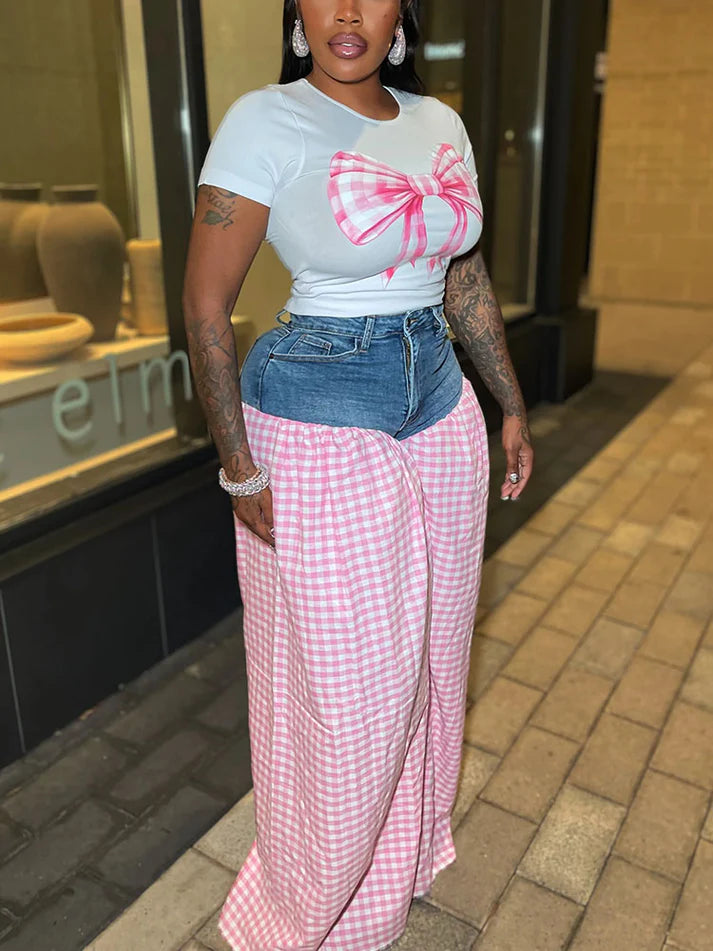 Bow Printed Top Denim Gingham Pants Set