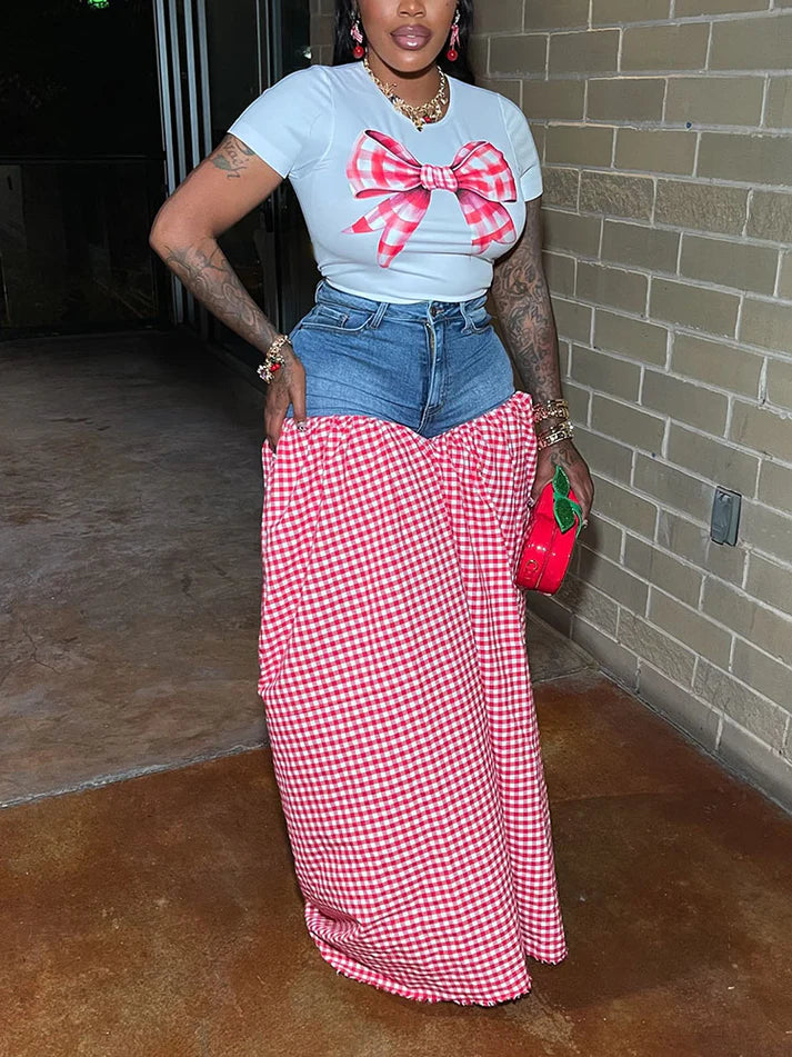 Bow Printed Top Denim Gingham Pants Set