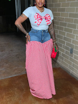 Bow Printed Top Denim Gingham Pants Set