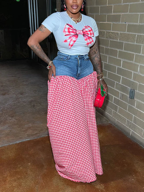Bow Printed Top Denim Gingham Pants Set