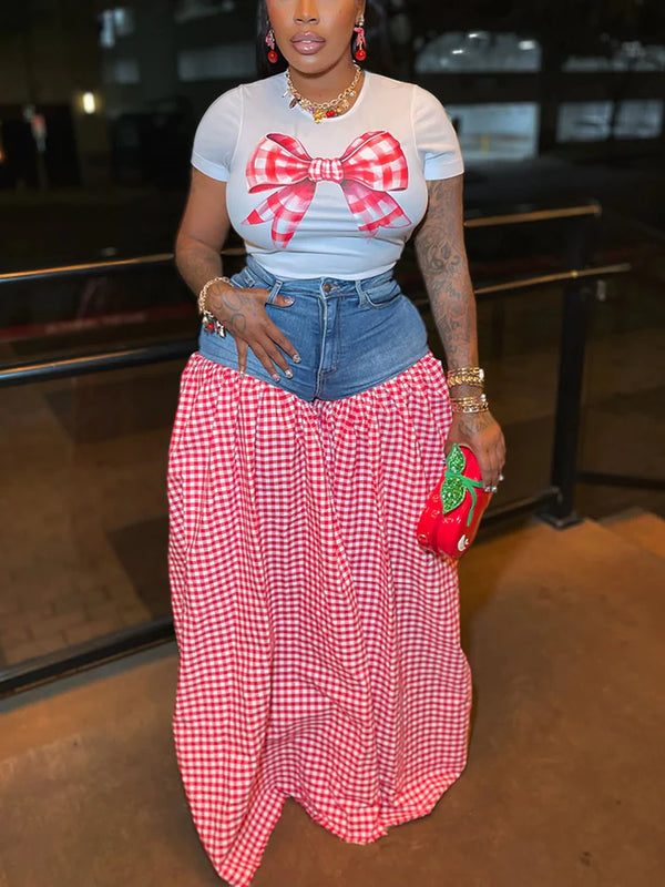 Bow Printed Top Denim Gingham Pants Set