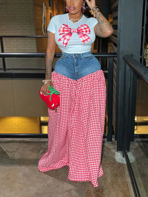 Bow Printed Top Denim Gingham Pants Set