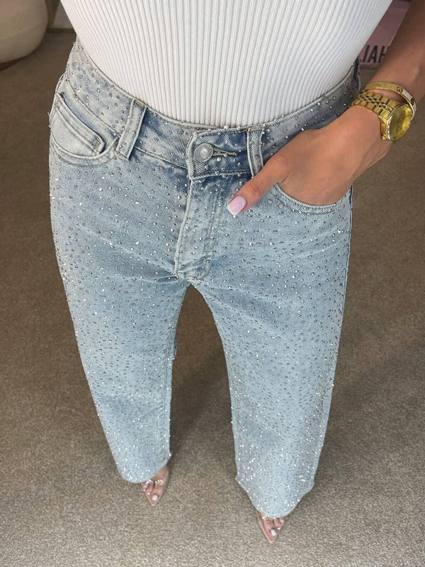 Rhinestone High Rise Straight Jeans