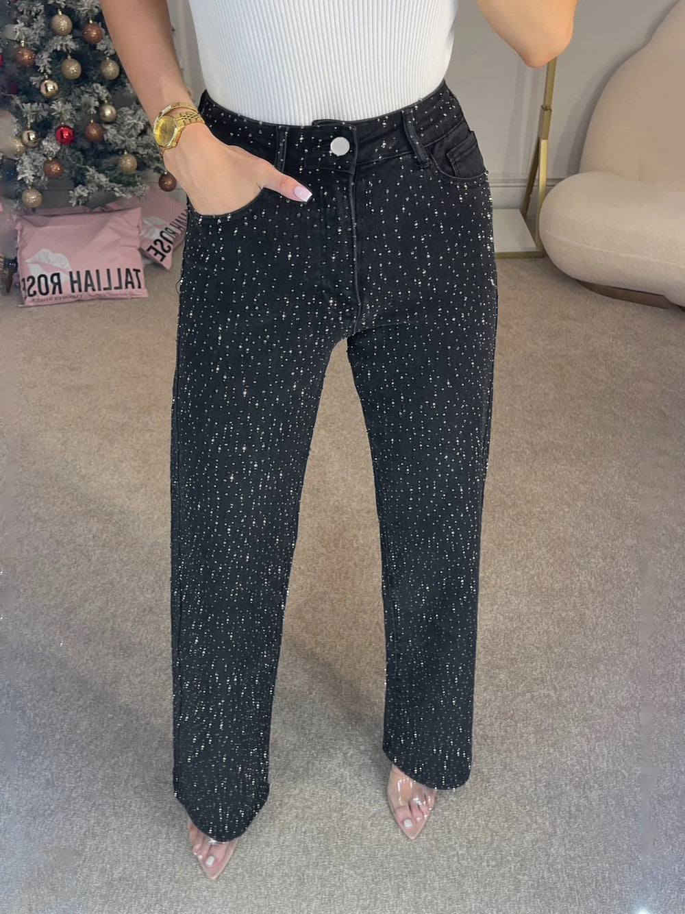 Rhinestone High Rise Straight Jeans