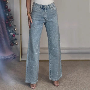 Rhinestone High Rise Straight Jeans