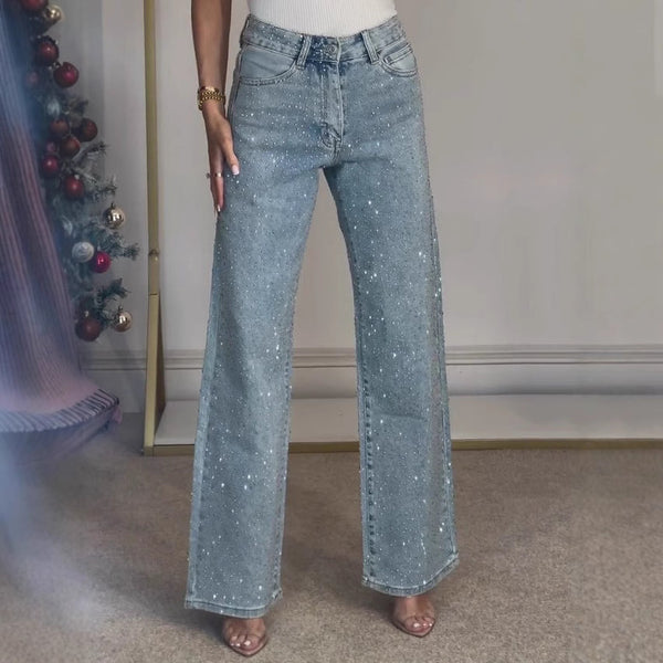 Rhinestone High Rise Straight Jeans