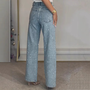 Rhinestone High Rise Straight Jeans