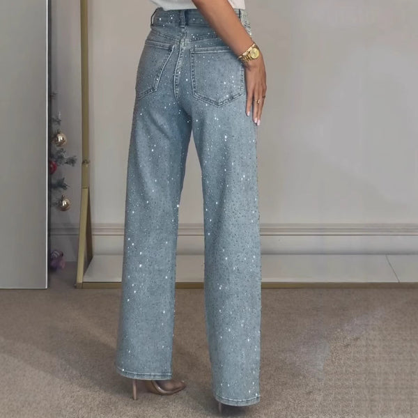 Rhinestone High Rise Straight Jeans