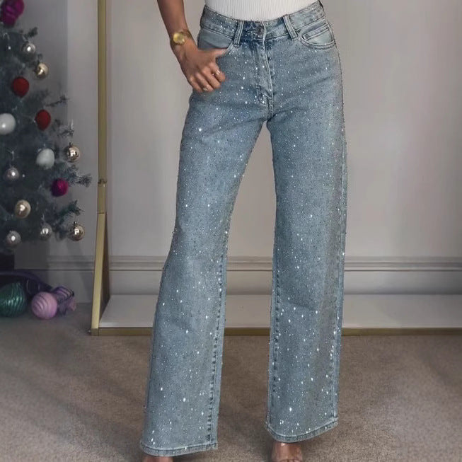 Rhinestone High Rise Straight Jeans
