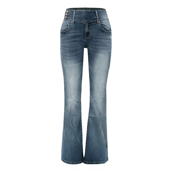 Retro Side Button Mid Rise Flares Jeans