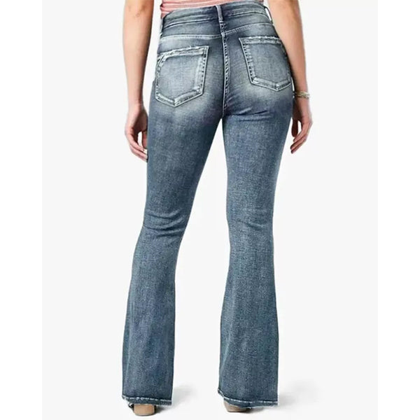 Retro Side Button Mid Rise Flares Jeans