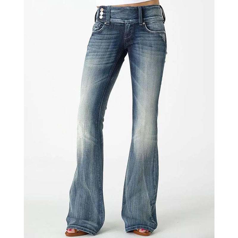 Retro Side Button Mid Rise Flares Jeans