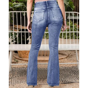 Retro Side Button Mid Rise Flares Jeans