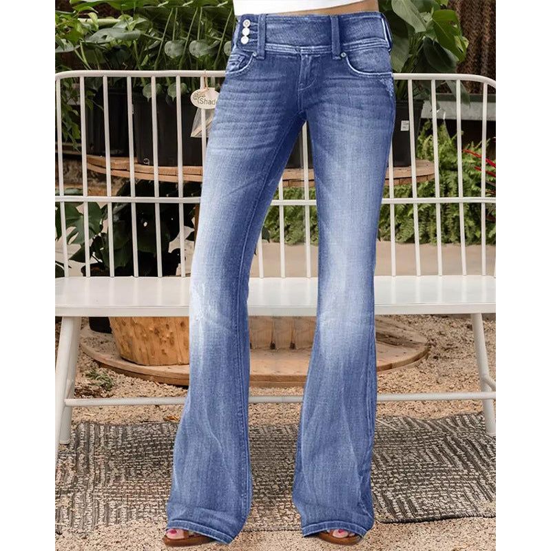 Retro Side Button Mid Rise Flares Jeans