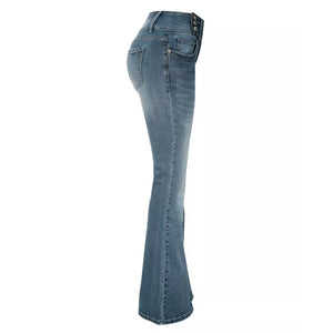 Retro Side Button Mid Rise Flares Jeans
