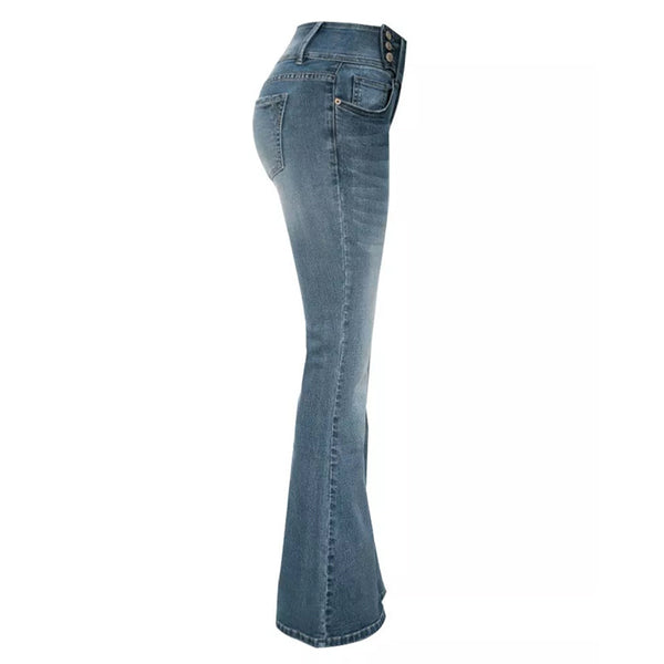 Retro Side Button Mid Rise Flares Jeans