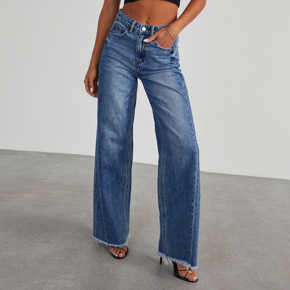 Mid-waisted Raw Edge Hem Jeans