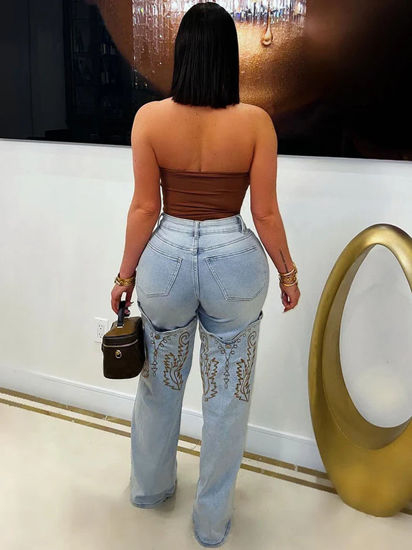 Embroidered Snap Button Jeans
