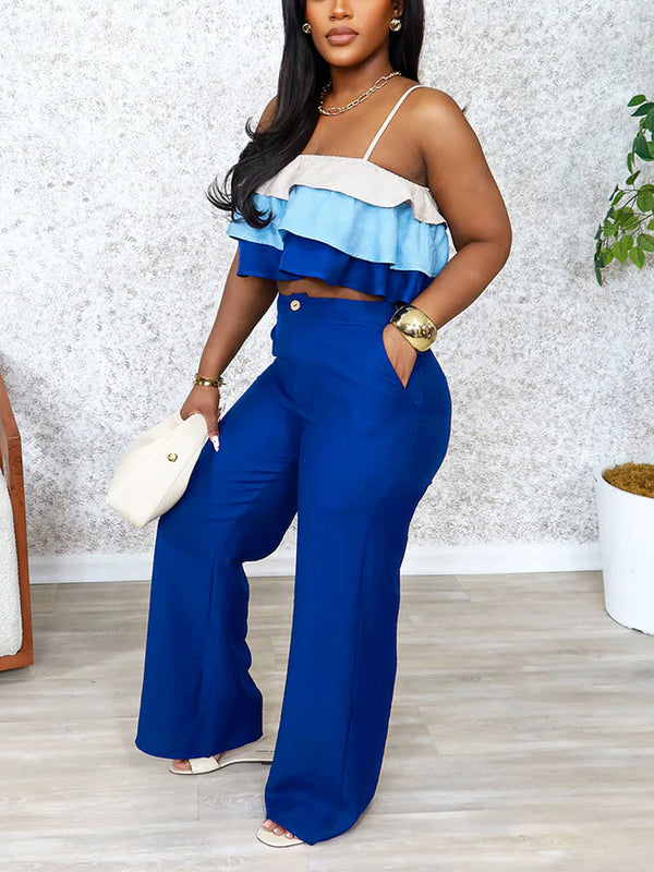 Ruffle Crop Top Wide-Leg Pants Set