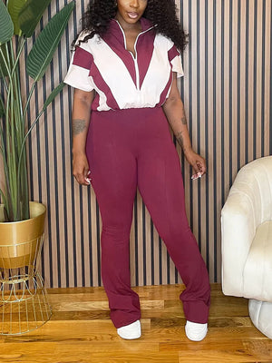 Contrast Zip-Front Flared Jumpsuit