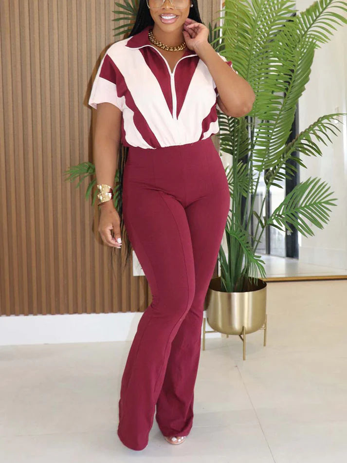 Contrast Zip-Front Flared Jumpsuit