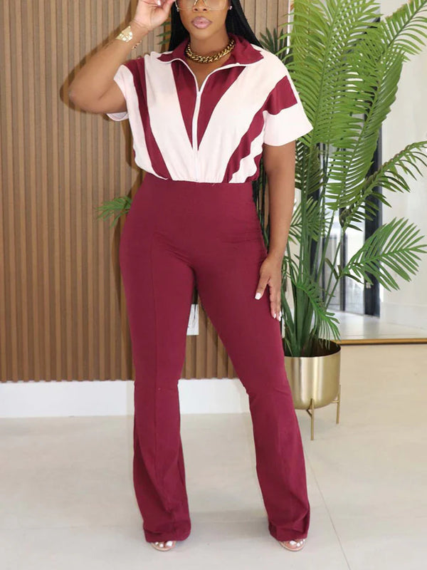 Contrast Zip-Front Flared Jumpsuit