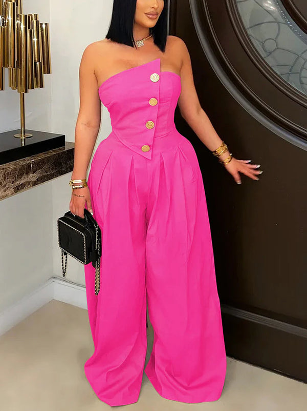 Strapless Button Wide Jumpsuit