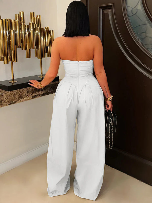 Strapless Button Wide Jumpsuit