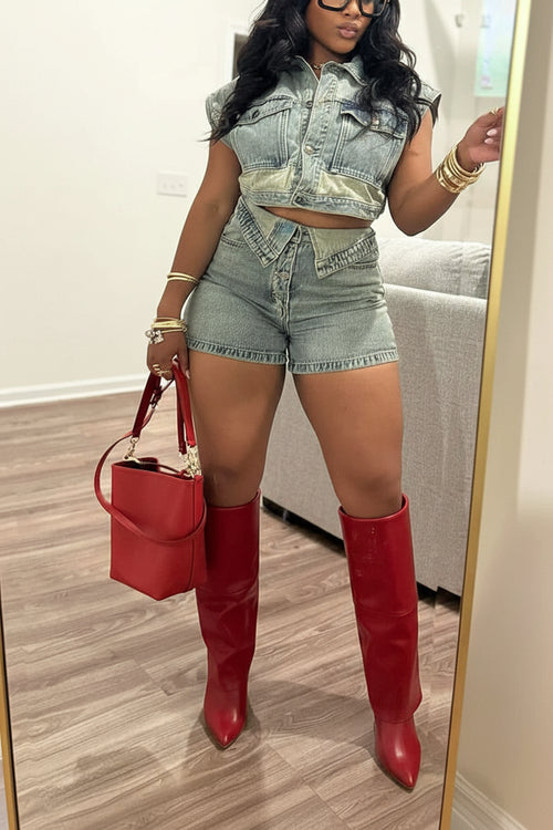Washed Denim Button Top Shorts Set