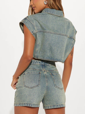 Washed Denim Button Top Shorts Set