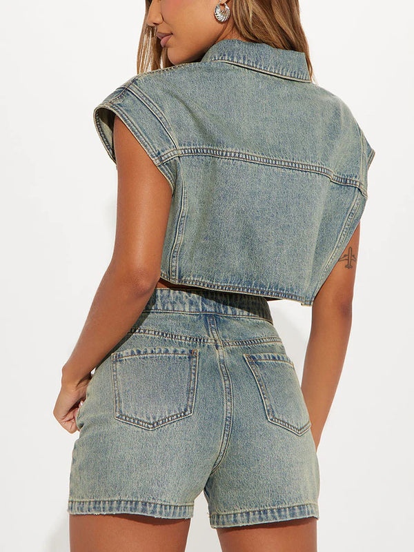 Washed Denim Button Top Shorts Set