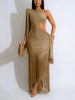 Glitter One-Shoulder Fringe Gown Dresses