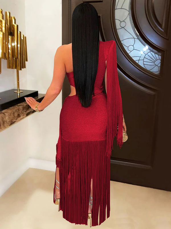Glitter One-Shoulder Fringe Gown Dresses