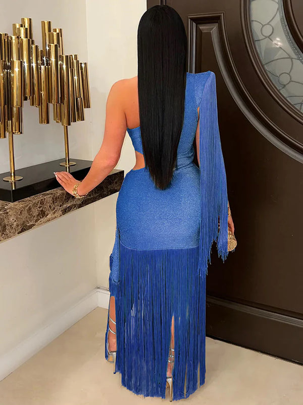Glitter One-Shoulder Fringe Gown Dresses
