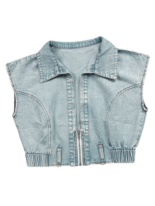 Denim Zip-Up Top Wide Pants Set