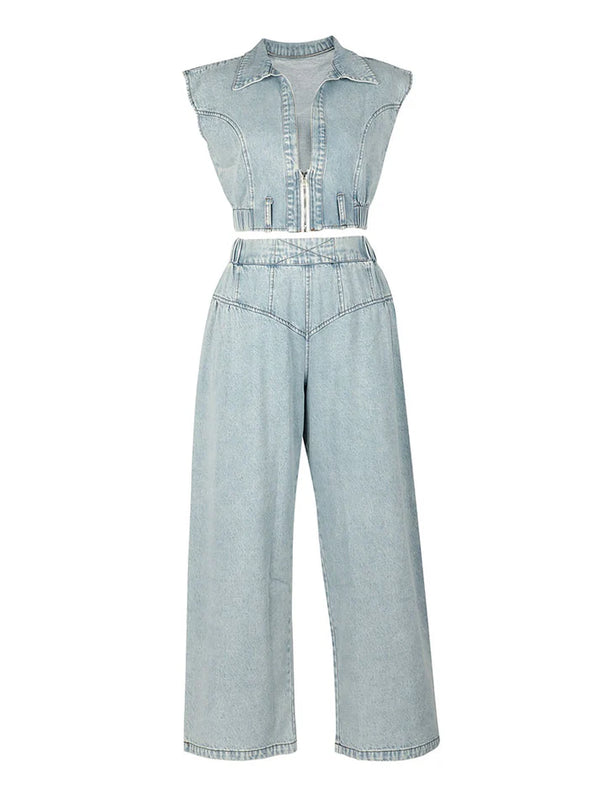 Denim Zip-Up Top Wide Pants Set