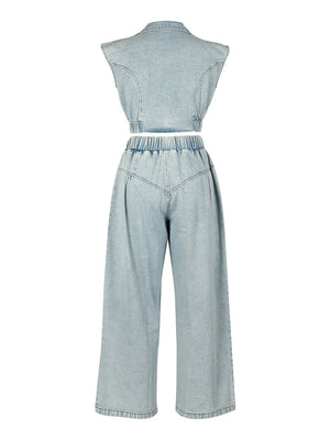 Denim Zip-Up Top Wide Pants Set