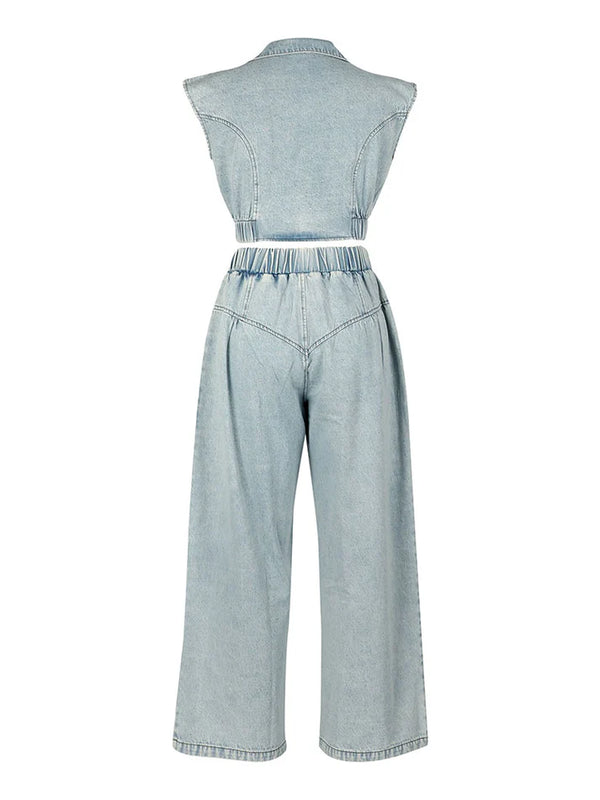 Denim Zip-Up Top Wide Pants Set