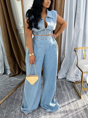 Denim Zip-Up Top Wide Pants Set