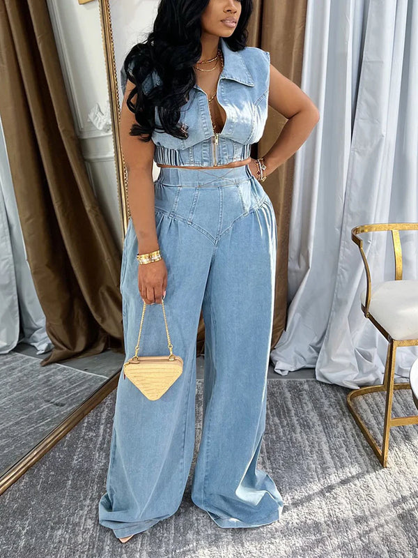 Denim Zip-Up Top Wide Pants Set