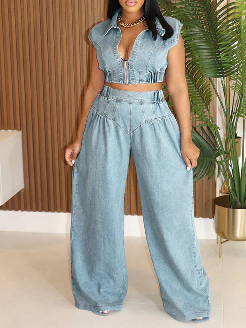 Denim Zip-Up Top Wide Pants Set